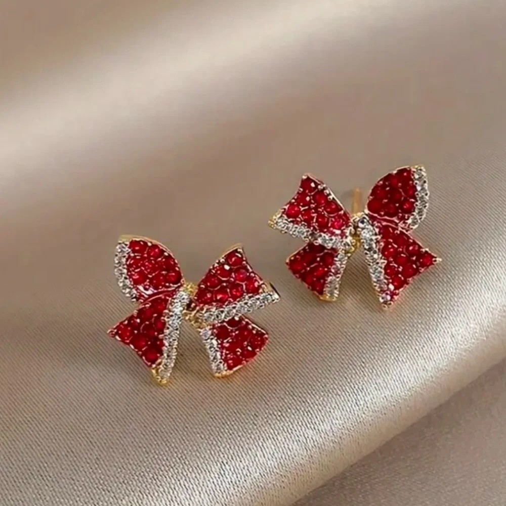 Red Garnet Bow Stud Earrings Simulated Gemstone 14K Gold Plated NWT